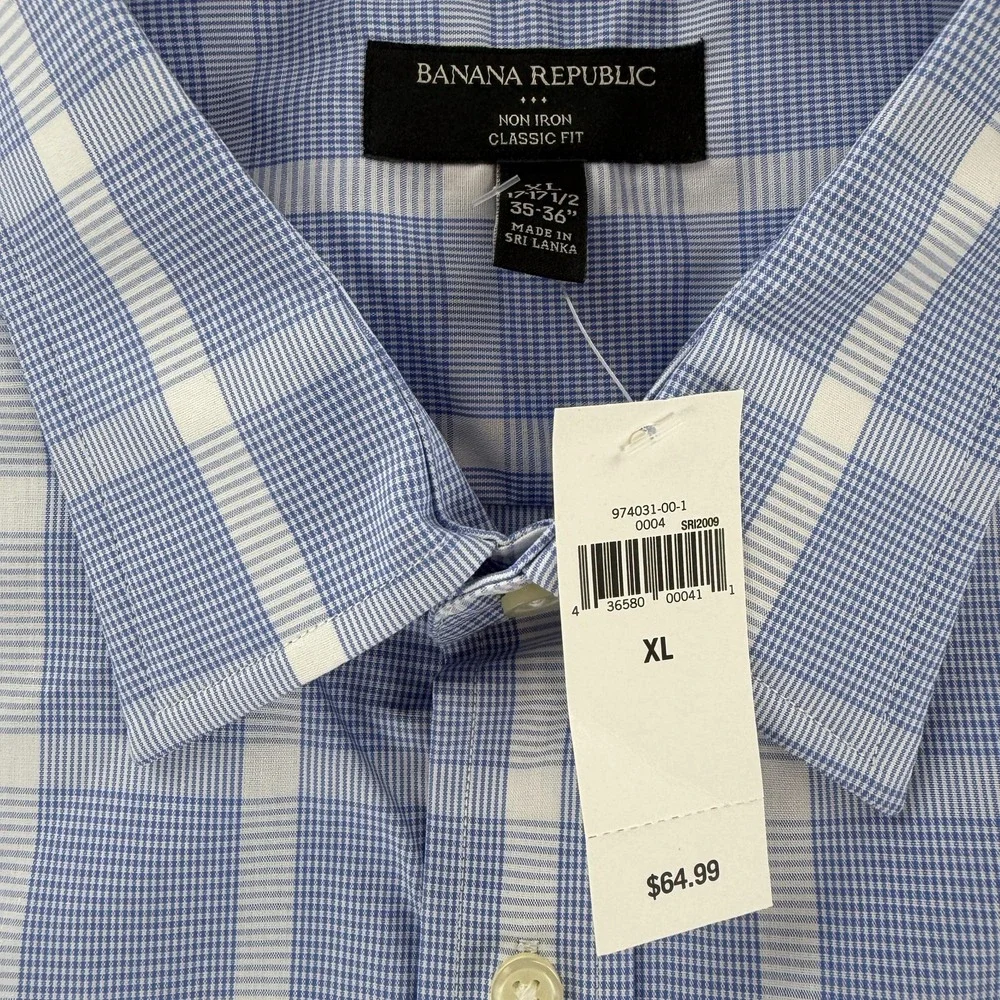Banana Republic Shirt Mens XL Blue‎ White Plaid Non Iron Classic Fit Button Down